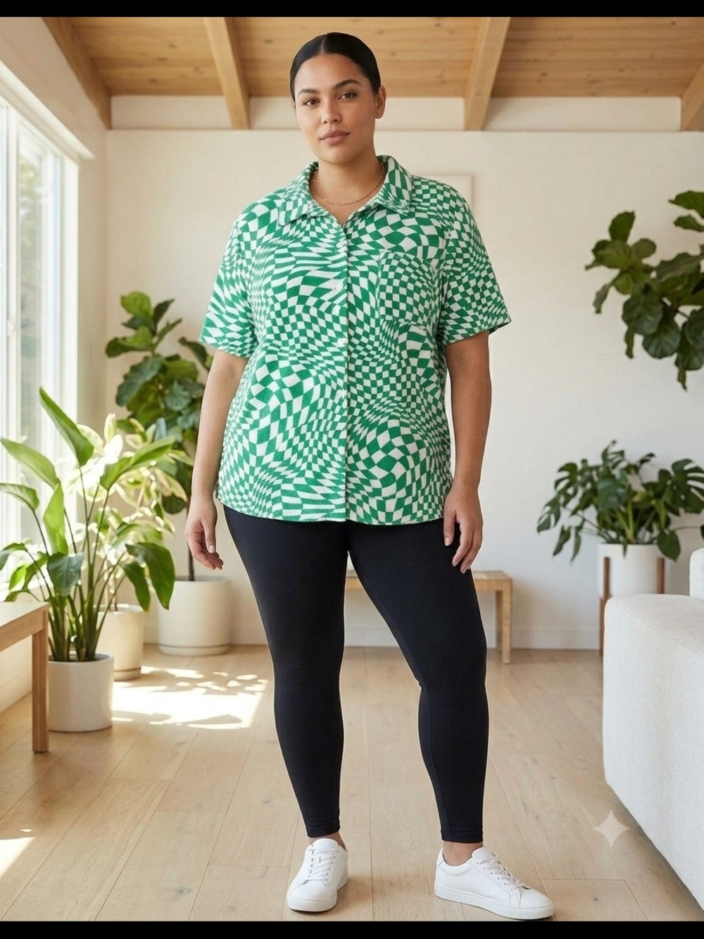 rue21 Plus Green Trippy Optical Illusion Checkered Terry Cloth Shirt 3X NWT